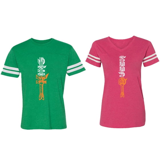 King Queen Sword Matching Couple Cotton Jerseys (Men Green / Women Pink) (Men XL / Women M)