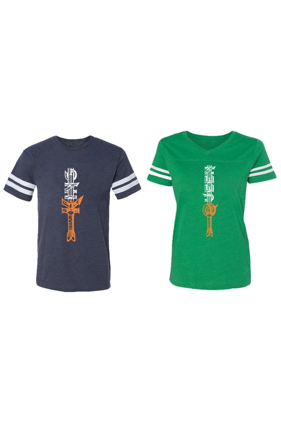 King Queen Sword Matching Couple Cotton Jerseys (Men Navy / Women Green) (Men S / Women XXL)