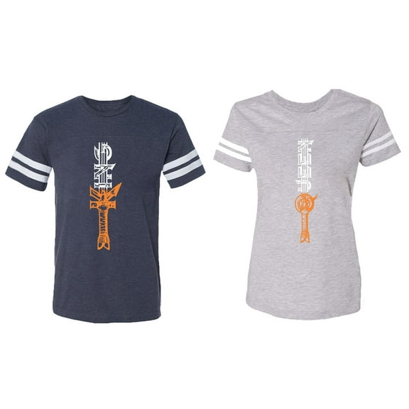 King Queen Sword Matching Couple Cotton Jerseys (Men Navy / Women Heather) (Men XXXL / Women XXL)