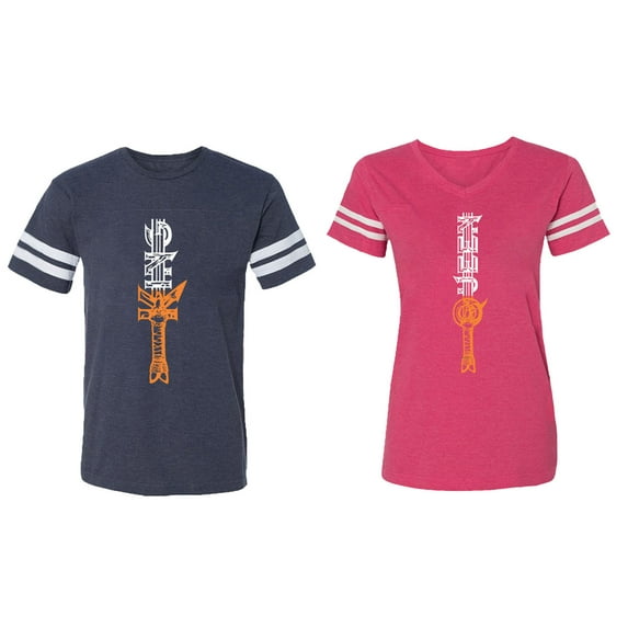 King Queen Sword Matching Couple Cotton Jerseys (Men Navy / Women Pink) (Men M / Women L)