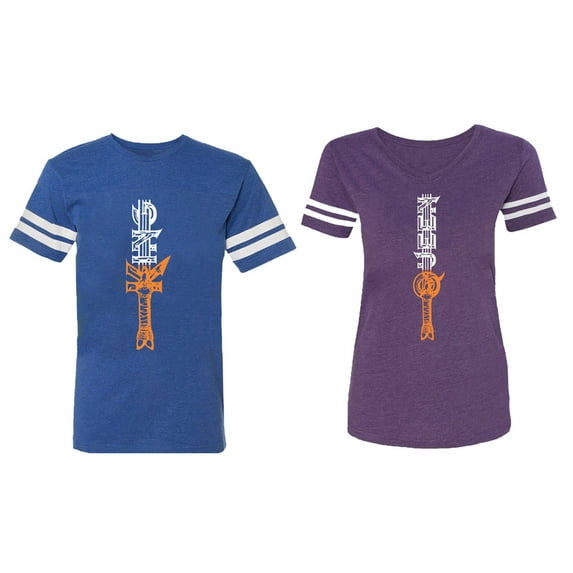King Queen Sword Matching Couple Cotton Jerseys (Men Royal / Women Purple) (Men L / Women XXL)