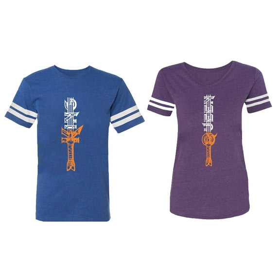 King Queen Sword Matching Couple Cotton Jerseys (Men Royal / Women Purple) (Men XL / Women XXL)