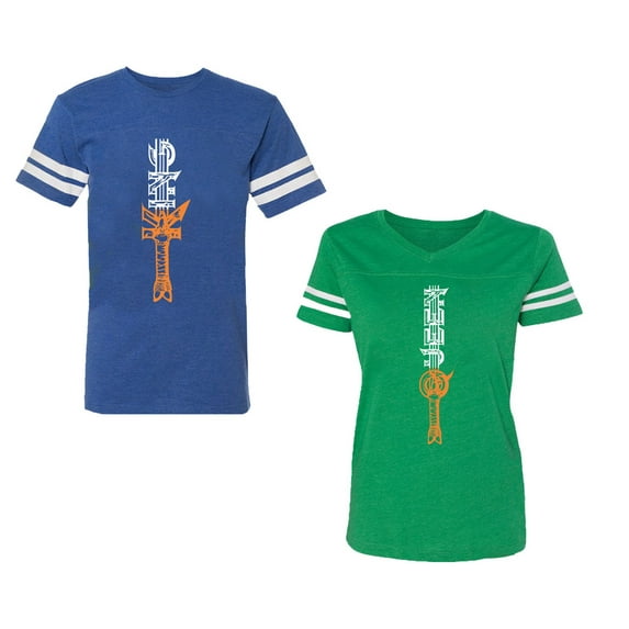 King Queen Sword Unisex Couple Matching Cotton Jersey style T-Shirt Contrasting stripes on sleeves (Men Royal / Women Green) (Men L / Women XXL)