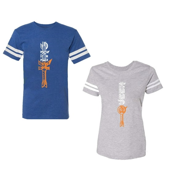 King Queen Sword Unisex Couple Matching Cotton Jersey style T-Shirt Contrasting stripes on sleeves (Men Royal / Women Heather) (Men XXL / Women S)