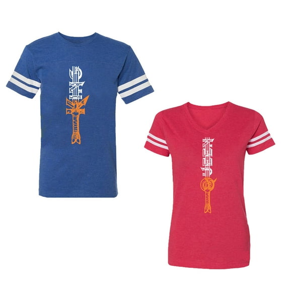 King Queen Sword Unisex Couple Matching Cotton Jersey style T-Shirt Contrasting stripes on sleeves (Men Royal / Women Red) (Men M / Women XL)