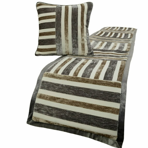 King / Queen / Twin Beige & Grey Decorative CA King 86"x18" Bed Runner WITHOUT Pillow Cover, Patchwork Bed Scarf on Velvet fabric - Striation