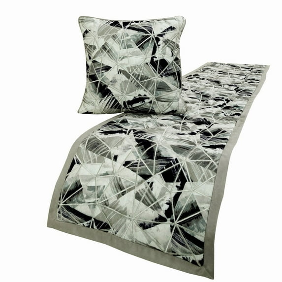 King / Queen / Twin Grey Decorative King 90"x18" Bed Runner WITH Pillow Cover, Print & Embroidery Bed Scarf on Cotton fabric - Grey Angular