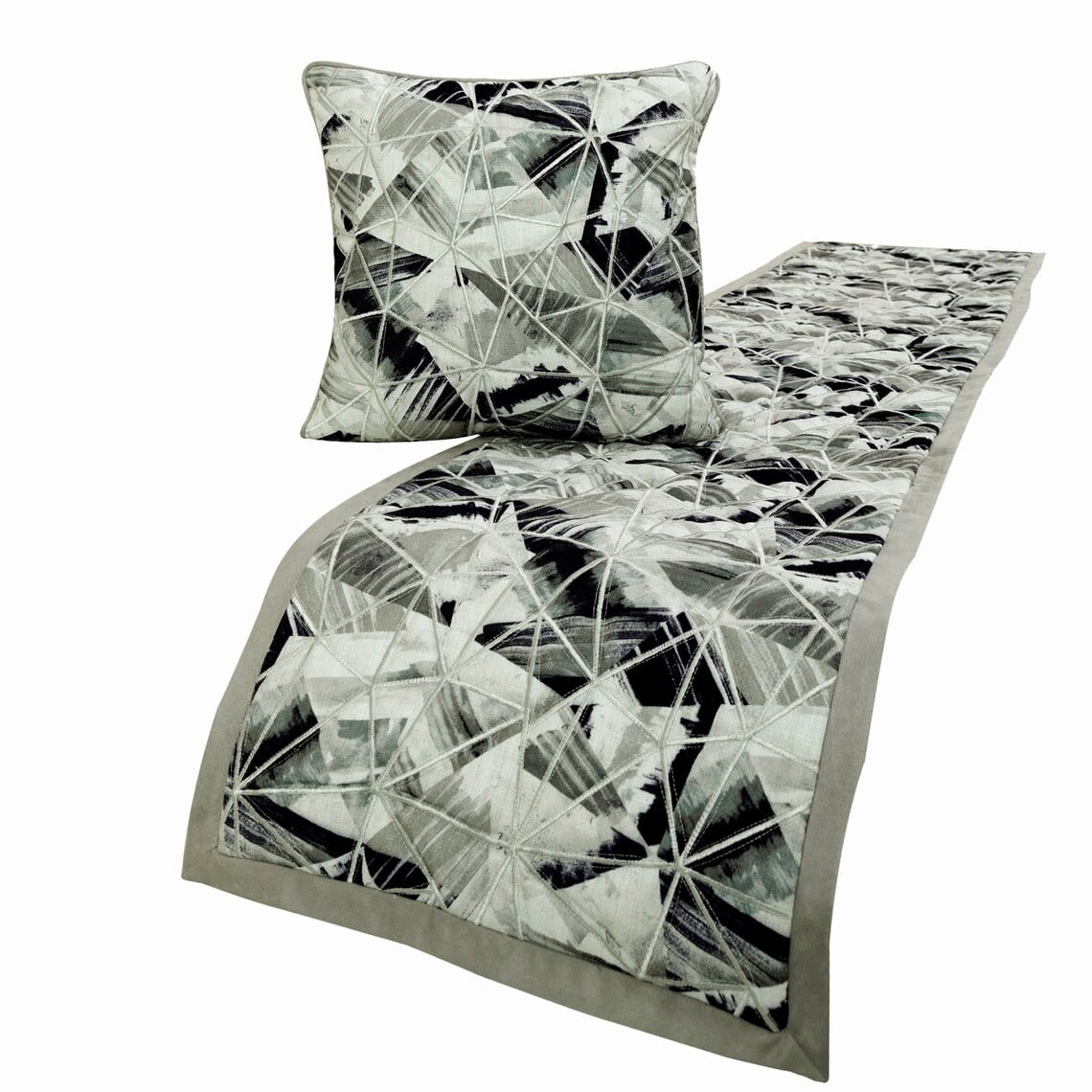 King / Queen / Twin Grey Decorative Queen 74"x18" Bed Runner WITH Pillow Cover, Print & Embroidery Bed Scarf on Cotton fabric - Grey Angular