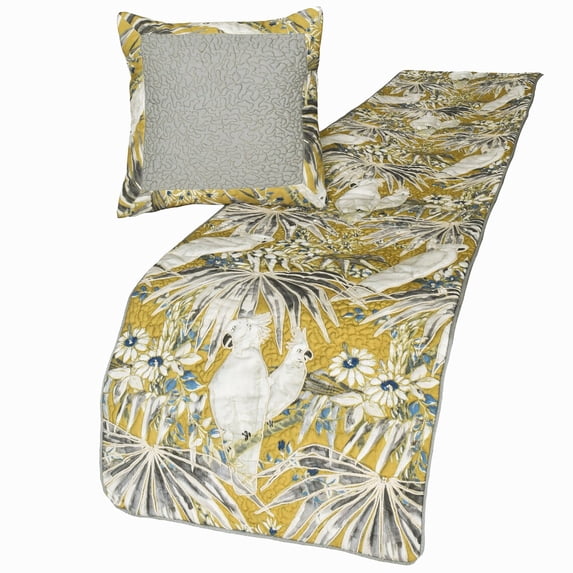 King / Queen / Twin Grey & Yellow Decorative CA King 86"x18" Bed Runner without Pillow Cover, Cockatoo Bird & Quilted Bed Scarf on Cotton fabric - Cockatoo Love