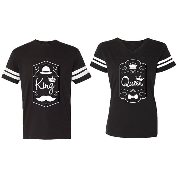 King Queen White Pentagon Matching Couple Cotton Jerseys (Men Black / Women Black) (Men S / Women XL)