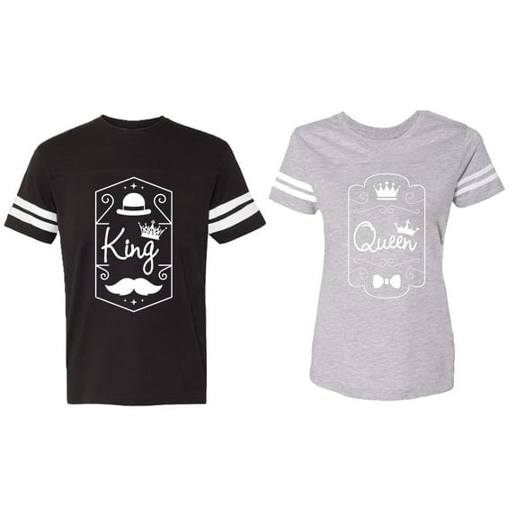 King Queen White Pentagon Matching Couple Cotton Jerseys (Men Black / Women Heather) (Men XL / Women L)