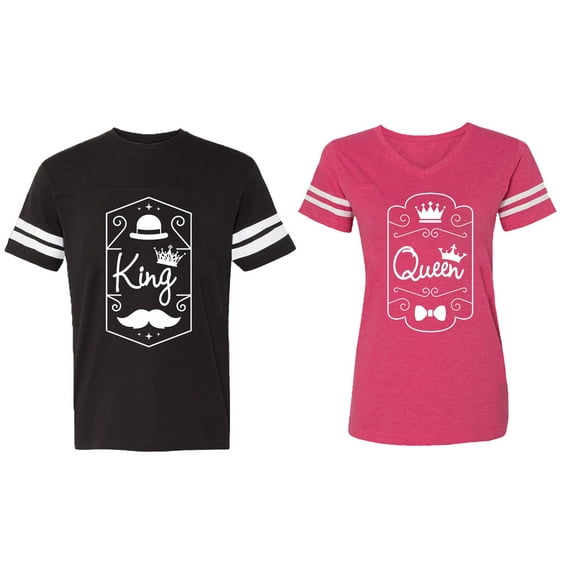King Queen White Pentagon Matching Couple Cotton Jerseys (Men Black / Women Pink) (Men M / Women XXL)