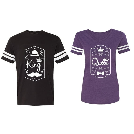 King Queen White Pentagon Matching Couple Cotton Jerseys (Men Black / Women Purple) (Men L / Women L)