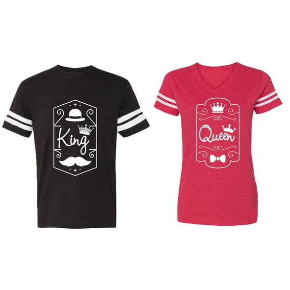 King Queen White Pentagon Matching Couple Cotton Jerseys (Men Black / Women Red) (Men XXL / Women M)