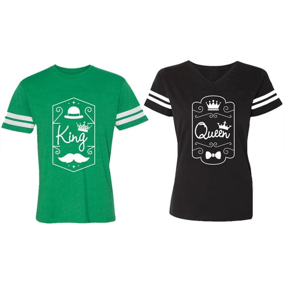 King Queen White Pentagon Matching Couple Cotton Jerseys (Men Green / Women Black) (Men S / Women L)