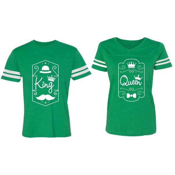 King Queen White Pentagon Matching Couple Cotton Jerseys (Men Green / Women Green) (Men M / Women M)