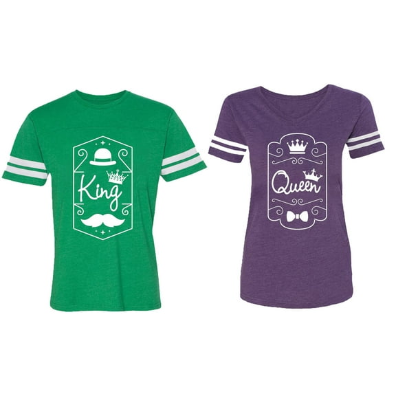 King Queen White Pentagon Matching Couple Cotton Jerseys (Men Green / Women Purple) (Men XXL / Women M)
