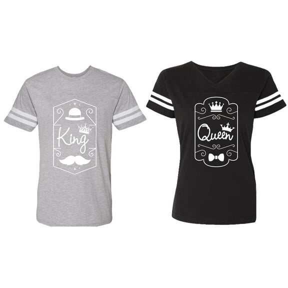 King Queen White Pentagon Matching Couple Cotton Jerseys (Men Heather / Women Black) (Men S / Women S)