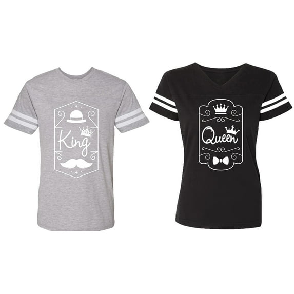 King Queen White Pentagon Matching Couple Cotton Jerseys (Men Heather / Women Black) (Men XL / Women L)