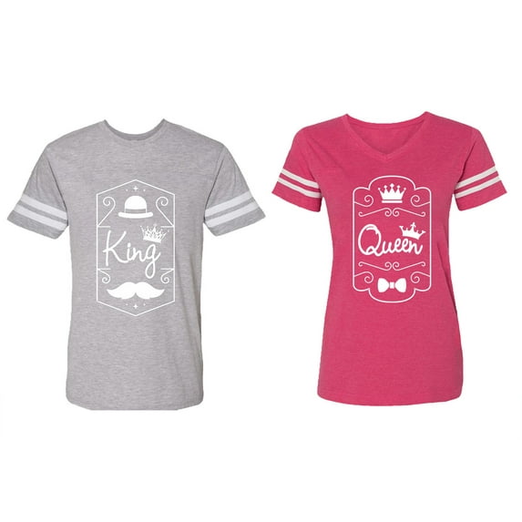 King Queen White Pentagon Matching Couple Cotton Jerseys (Men Heather / Women Pink) (Men XXL / Women L)