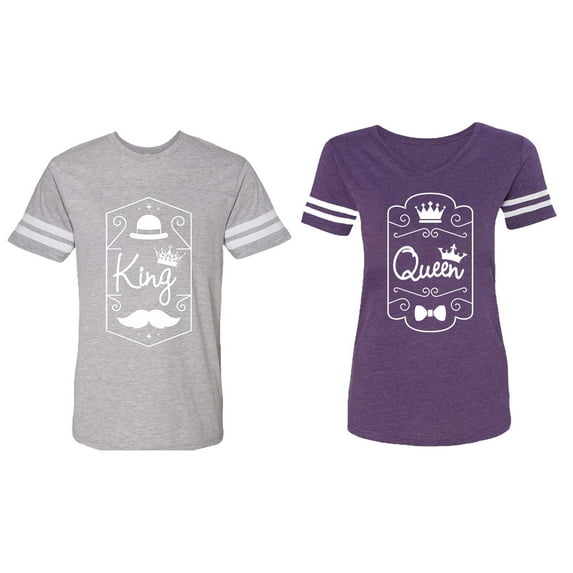 King Queen White Pentagon Matching Couple Cotton Jerseys (Men Heather / Women Purple) (Men XL / Women XL)
