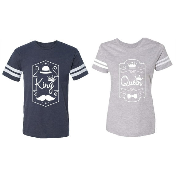 King Queen White Pentagon Matching Couple Cotton Jerseys (Men Navy / Women Heather) (Men XL / Women S)