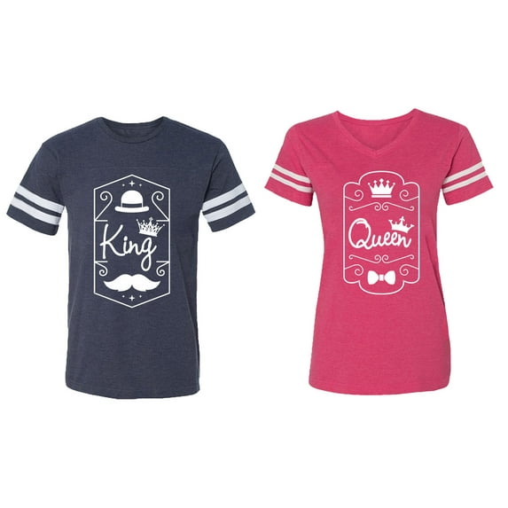 King Queen White Pentagon Matching Couple Cotton Jerseys (Men Navy / Women Pink) (Men XL / Women S)
