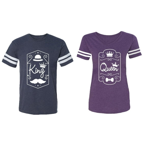King Queen White Pentagon Matching Couple Cotton Jerseys (Men Navy / Women Purple) (Men M / Women L)