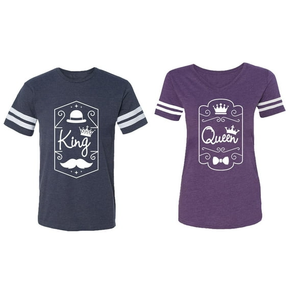 King Queen White Pentagon Matching Couple Cotton Jerseys (Men Navy / Women Purple) (Men S / Women XL)