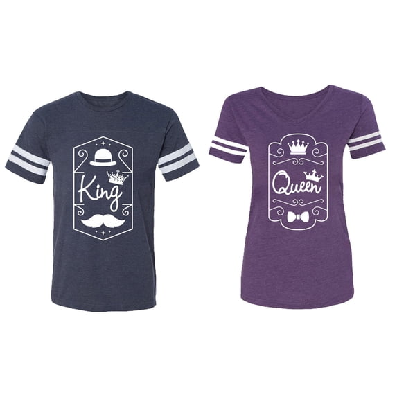 King Queen White Pentagon Matching Couple Cotton Jerseys (Men Navy / Women Purple) (Men XXL / Women S)