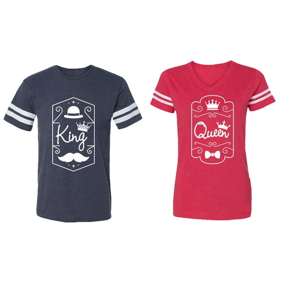 King Queen White Pentagon Matching Couple Cotton Jerseys (Men Navy / Women Red) (Men S / Women XL)