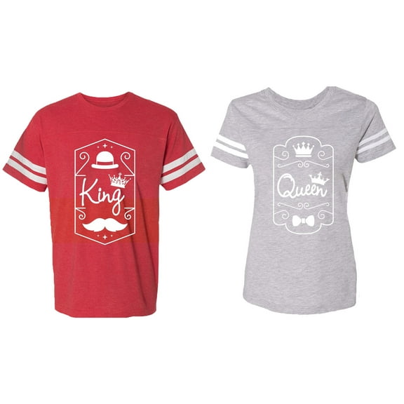King Queen White Pentagon Matching Couple Cotton Jerseys (Men Red / Women Heather) (Men L / Women L)