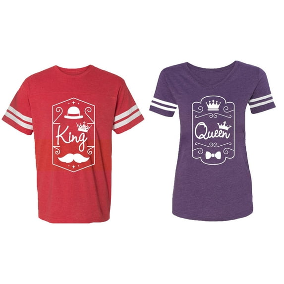 King Queen White Pentagon Matching Couple Cotton Jerseys (Men Red / Women Purple) (Men XXL / Women XXL)