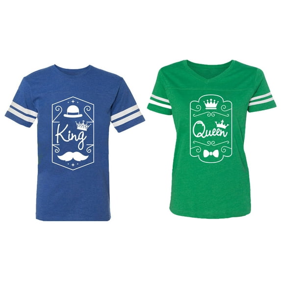 King Queen White Pentagon Matching Couple Cotton Jerseys (Men Royal / Women Green) (Men M / Women XXL)