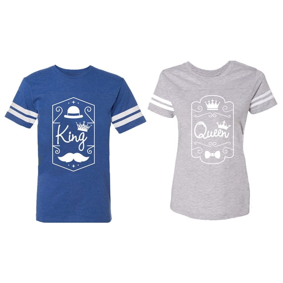 King Queen White Pentagon Matching Couple Cotton Jerseys (Men Royal / Women Heather) (Men L / Women XL)