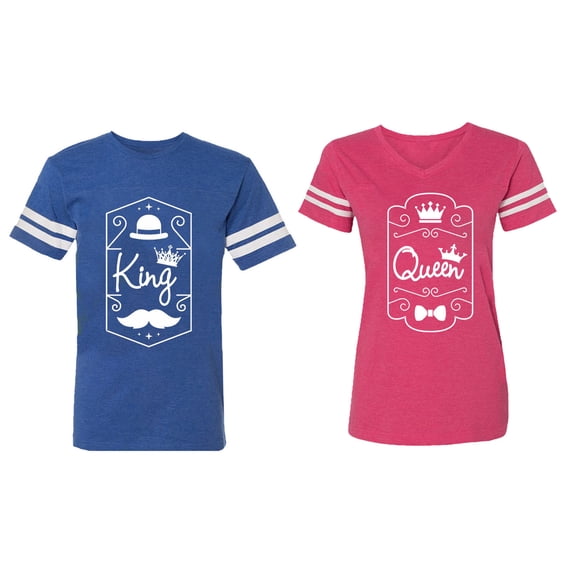 King Queen White Pentagon Matching Couple Cotton Jerseys (Men Royal / Women Pink) (Men XL / Women XXL)