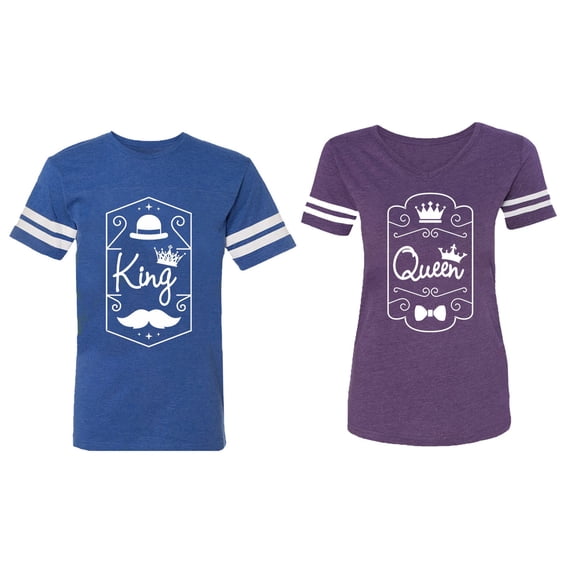 King Queen White Pentagon Matching Couple Cotton Jerseys (Men Royal / Women Purple) (Men L / Women L)