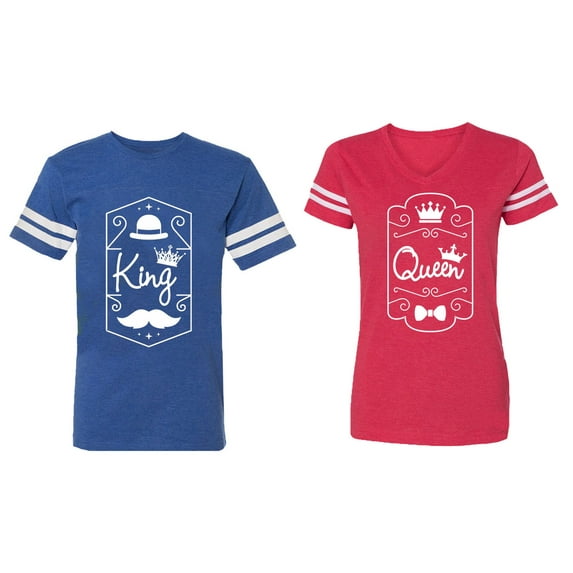 King Queen White Pentagon Matching Couple Cotton Jerseys (Men Royal / Women Red) (Men L / Women XXL)