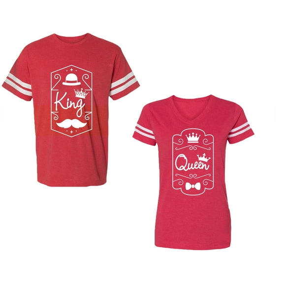 King Queen White Pentagon Unisex Couple Matching Cotton Jersey style T-Shirt Contrasting stripes on sleeves (Men Red / Women Red) (Men XL / Women M)