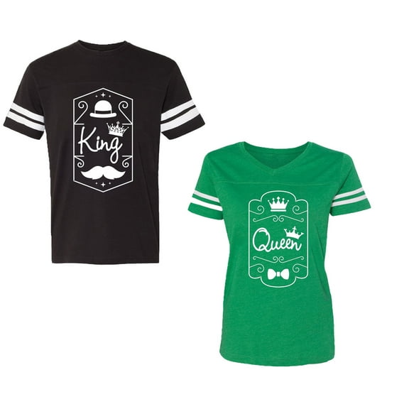 King Queen White Pentagon Unisex Couple Matching Cotton Jersey style T-Shirt Contrasting stripes on sleeves (Men Black / Women Green) (Men L / Women XXL)