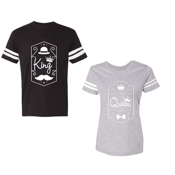 King Queen White Pentagon Unisex Couple Matching Cotton Jersey style T-Shirt Contrasting stripes on sleeves (Men Black / Women Heather) (Men M / Women M)