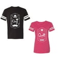 thumbnail image 1 of King Queen White Pentagon Unisex Couple Matching Cotton Jersey style T-Shirt Contrasting stripes on sleeves (Men Black / Women Pink) (Men S / Women XL), 1 of 3
