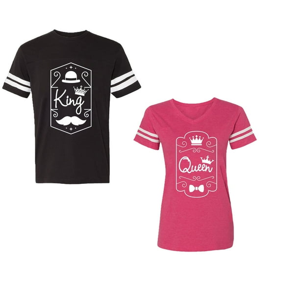King Queen White Pentagon Unisex Couple Matching Cotton Jersey style T-Shirt Contrasting stripes on sleeves (Men Black / Women Pink) (Men XXL / Women XL)