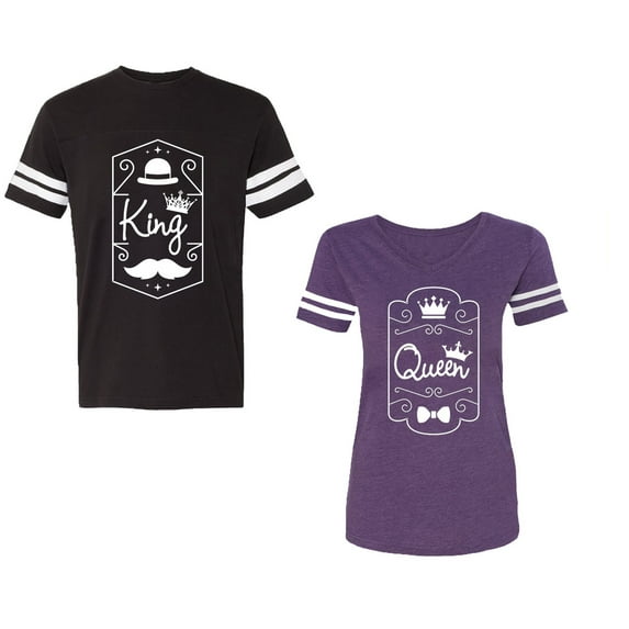 King Queen White Pentagon Unisex Couple Matching Cotton Jersey style T-Shirt Contrasting stripes on sleeves (Men Black / Women Purple) (Men XXXL / Women XXL)