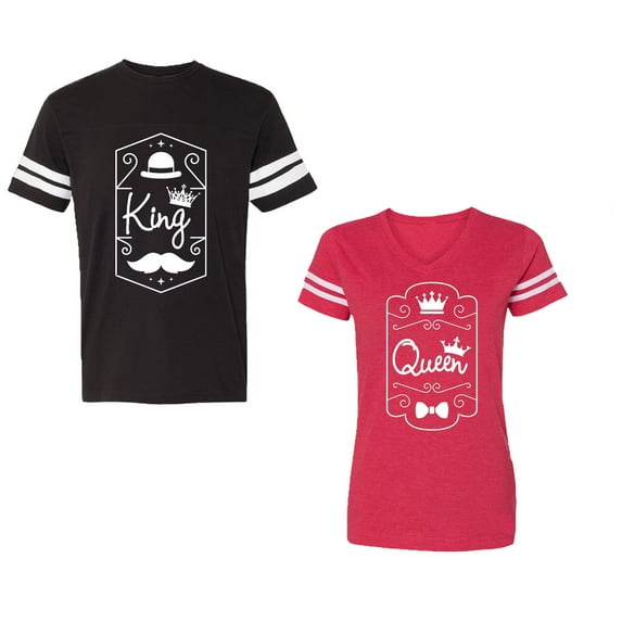 King Queen White Pentagon Unisex Couple Matching Cotton Jersey style T-Shirt Contrasting stripes on sleeves (Men Black / Women Red) (Men XXL / Women XL)