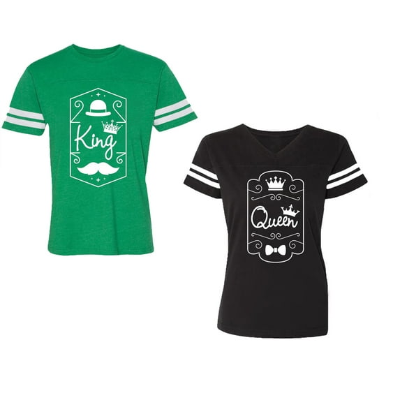 King Queen White Pentagon Unisex Couple Matching Cotton Jersey style T-Shirt Contrasting stripes on sleeves (Men Green / Women Black) (Men M / Women S)
