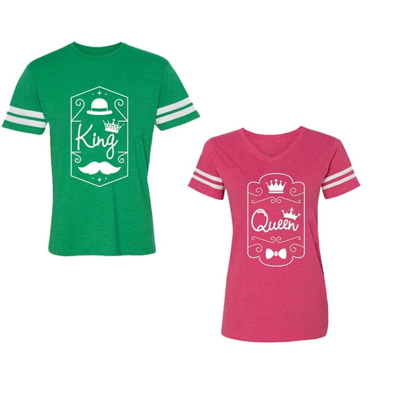 King Queen White Pentagon Unisex Couple Matching Cotton Jersey style T-Shirt Contrasting stripes on sleeves (Men Green / Women Pink) (Men L / Women M)