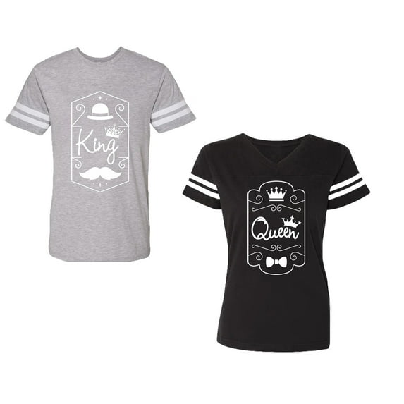 King Queen White Pentagon Unisex Couple Matching Cotton Jersey style T-Shirt Contrasting stripes on sleeves (Men Heather / Women Black) (Men S / Women S)