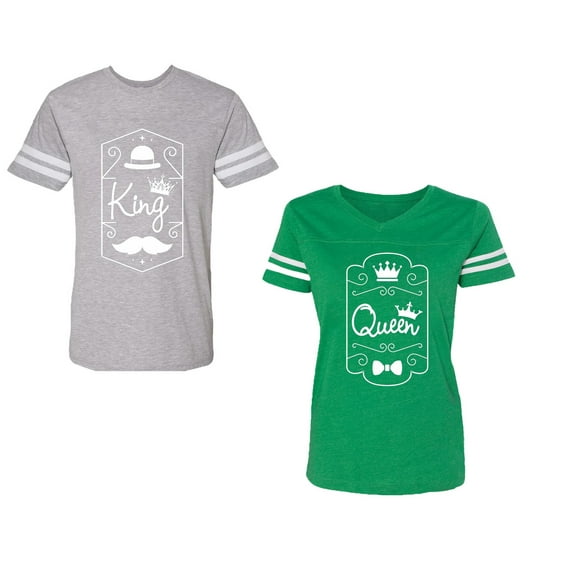 King Queen White Pentagon Unisex Couple Matching Cotton Jersey style T-Shirt Contrasting stripes on sleeves (Men Heather / Women Green) (Men L / Women XL)