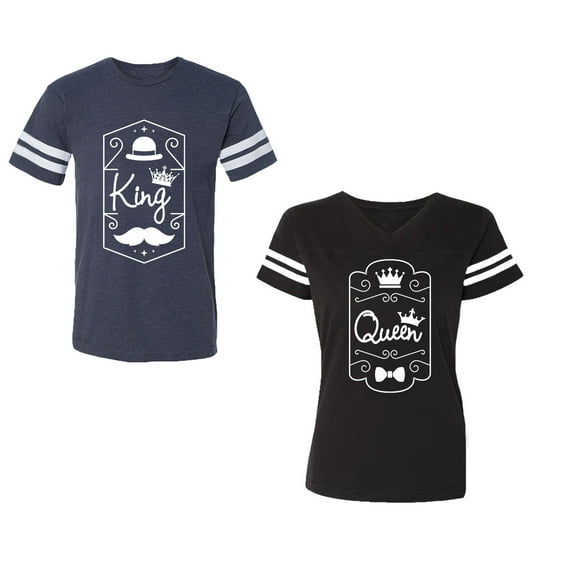King Queen White Pentagon Unisex Couple Matching Cotton Jersey style T-Shirt Contrasting stripes on sleeves (Men Navy / Women Black) (Men XXL / Women L)